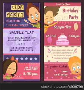 Kids Party Invitation Banners. Kids party invitation layout vertical banners with glad children faces birthday cake and places for sample text flat vector illustration