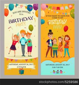 Kids Party Invitation Banners Set. Kids birthday party 2 funny vertical retro banners invitations set with date time decorations isolated vector illustration