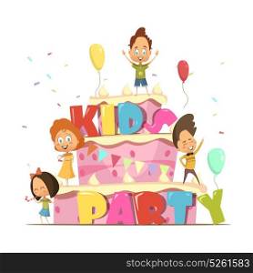 Kids Party Retro Composition. Kids party flat design template for children with giant cake and group of cartoon personages retro vector illustration