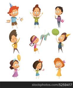Kids Party Retro Icons Set. Cartoon retro icons set of kids dancing and having fun at birthday party isolated on white background vector illustration