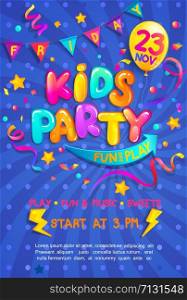 Kids party vertical banner with confetti,serpentine sparkles for greetings,invitations for parties.Place for fun and play, kids game room for birthday party.Poster for children&rsquo;s playroom decor.Vector. Kids party vertical invitation banner.