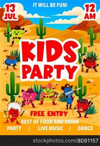 Kids party western flyer, cartoon berry cowboy, sheriff, ranger and bandit characters in desert. Vector wild west personages cherry, honeyberry, grapes and strawberry. Raspberry, blueberry, gooseberry. Kids party western flyer, cartoon berry cowboys