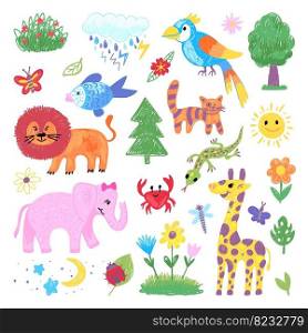 Kids pencil drawing. Child crayons design, children drawings color animals. Art giraffe, lion and elephant. Baby zoo wild animals neoteric vector set of sketch fun colorful illustration. Kids pencil drawing. Child crayons design, children drawings color animals. Art giraffe, lion and elephant. Baby zoo wild animals neoteric vector set