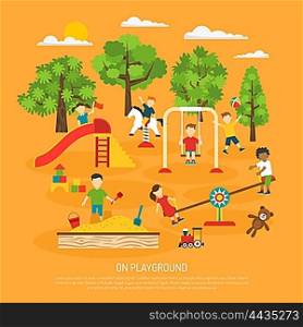 Kids Plaing Poster. Kindergarten poster of kids playing on outdoor playground with swings and childrens slide flat vector illustration