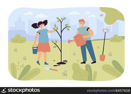 Kids planting tree in garden or park. Happy cartoon characters protecting environment flat vector illustration. Ecology, reforestation concept for banner, website design or landing web page