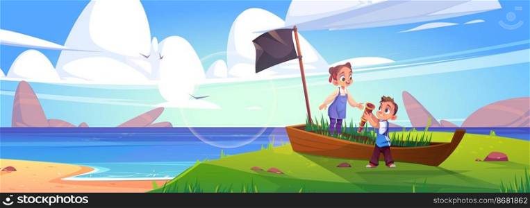 Kids play in pirates on sea beach with old boat. Vector cartoon illustration of summer landscape of sand ocean shore with broken ship in grass with black flag and children with spyglass. Kids play in pirates on sea beach with old boat