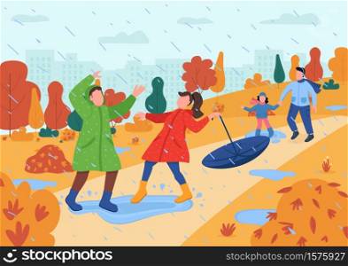 Kids play in rain semi flat vector illustration. Parent with children in autumn urban park. City garden in fall weather for recreation. Preschoolers 2D cartoon characters for commercial use. Kids play in rain semi flat vector illustration