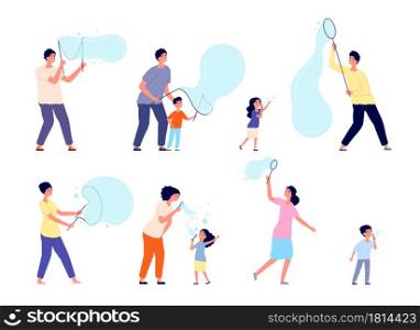 Kids play with bubbles. Children summer activity, adult blowing soap bubble. Modern party show, child fun outdoor game utter vector characters. Illustration play child, blowing soap ball. Kids play with bubbles. Children summer activity, adult blowing soap bubble. Modern party show, child fun outdoor game utter vector characters