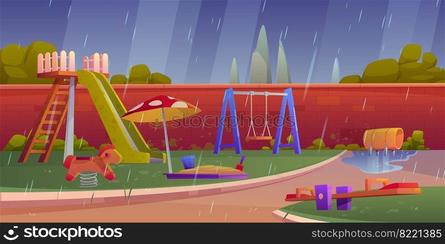 Kids playground at rainy weather, empty children area with slides, sandbox and swings for playing and recreation fun. Park, garden or house backyard, kindergarten field, Cartoon vector illustration. Kids playground at rainy weather, children area