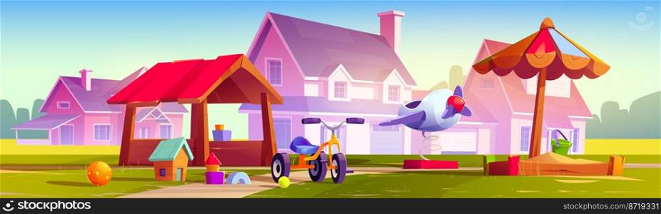 Kids playground at suburb with cottages, children area with sandbox, toys, bicycle and wooden house for playing and recreation fun. Park, garden or yard, kindergarten field Cartoon vector illustration. Kids playground at suburb with cottages, park