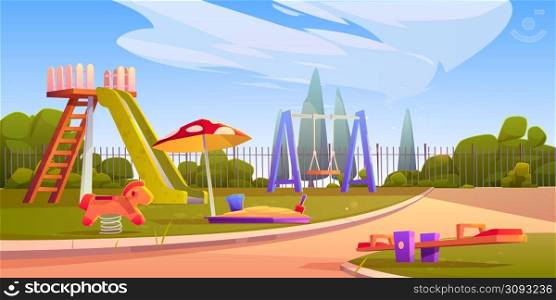 Kids playground at sunny weather, empty children area with slides, sandbox and swings for playing and recreation fun. Park, garden or house backyard, kindergarten field, Cartoon vector illustration. Kids playground at sunny weather, children area