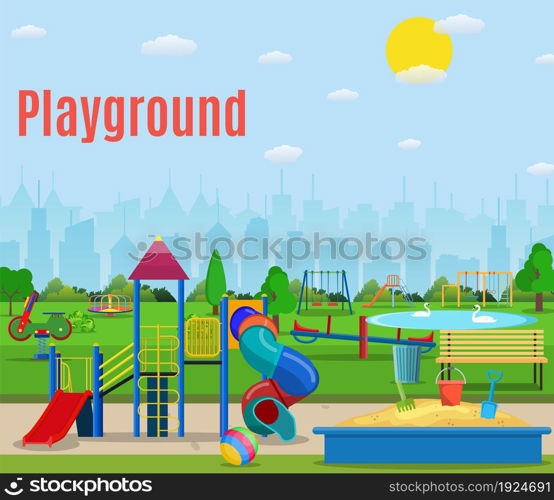 Kids playground cartoon concept background. childrens playground in a city park. Vector llustration in flat design. Kids playground cartoon concept background.
