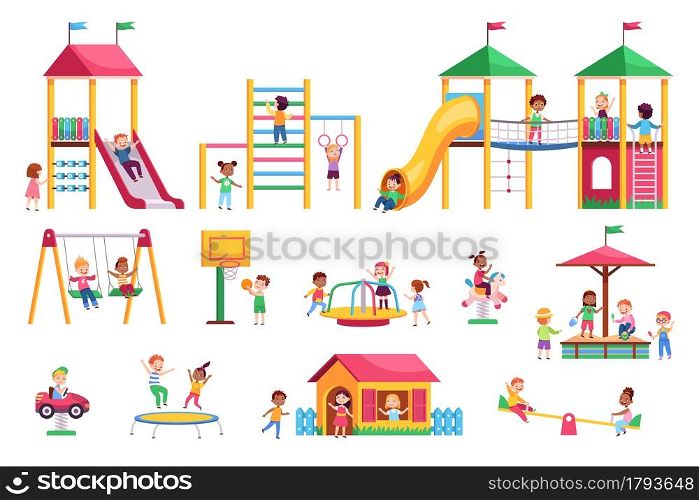 Kids playground. Children swing and slides garden, colorful bright rides, toddlers play in park, carousels and trampolines. Happy girls and boys playing outdoors vector cartoon flat style isolated set. Kids playground. Children swing and slides garden, colorful bright rides, toddlers play in park, carousels and trampolines. Happy girls and boys playing outdoors vector cartoon isolated set
