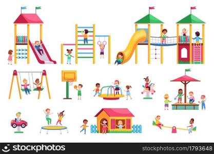 Kids playground. Children swing and slides garden, colorful bright rides, toddlers play in park, carousels and trampolines. Happy girls and boys playing outdoors vector cartoon flat style isolated set. Kids playground. Children swing and slides garden, colorful bright rides, toddlers play in park, carousels and trampolines. Happy girls and boys playing outdoors vector cartoon isolated set