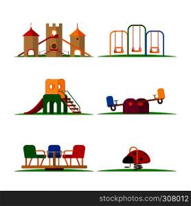 Kids playground elements vector. Carousel and children slide, swing and castle. Kids playground elements