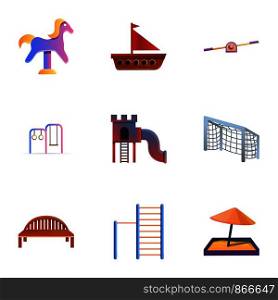 Kids playground icon set. Cartoon set of 9 kids playground vector icons for web design isolated on white background. Kids playground icon set, cartoon style