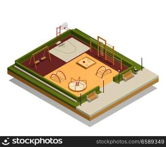 Kids playground isometric mockup with carousel and swings, basketball ring, sandbox and climbing frames, benches vector illustration. Kids Playground Isometric Mockup