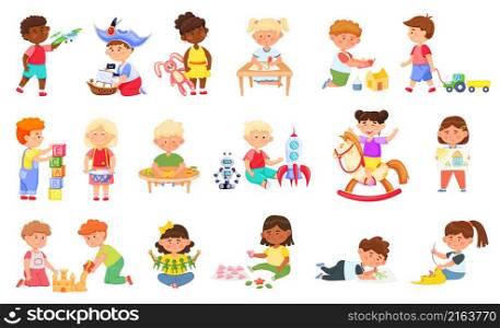 Kids playing and crafting, handmade in kindergarten. Vector child and kids, boy and girl in kindergarten play with toys illustration. Kids playing and crafting, handmade in kindergarten