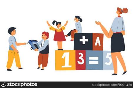 Kids playing and learning lessons in game. Girls standing on cubes with letters and numbers, studying mathematics. Boys giving and sharing car toy. Communication and education. Vector in flat style. Children at school or kindergarten playing cubes