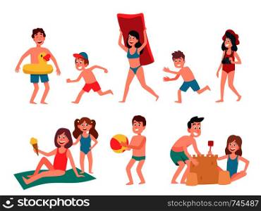 Kids playing at beach. Summer holiday vacation childrens, swimming and sunbathing kid. Joyful people going swim, recreation character in swimsuit. Cartoon isolated vector illustration icons set. Kids playing at beach. Summer holiday vacation childrens, swimming and sunbathing kid cartoon vector illustration set