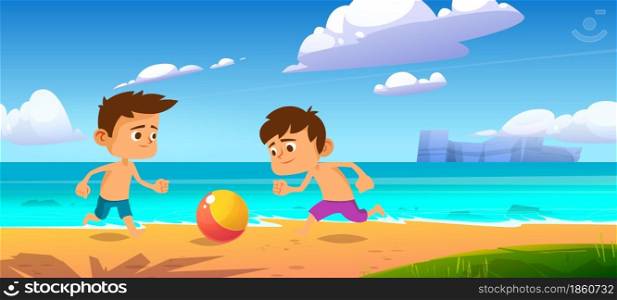 Kids playing ball at summer beach, boys play at sea shore, outdoor fun, family vacation and holidays leisure on ocean coastline, friends or brothers games and recreation, Cartoon vector illustration. Kids playing ball at summer beach boys play at sea