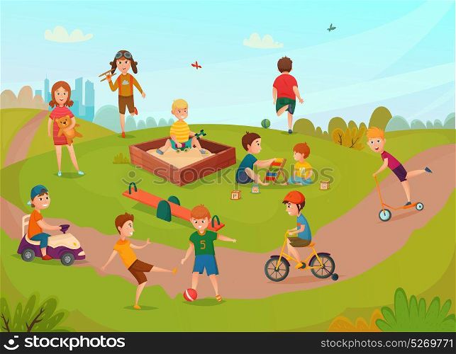 Kids Playing Composition. Colored kids playing composition with children on lawn have fun and play vector illustration