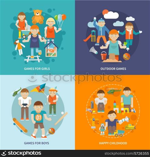 Kids playing design concept with games for girls and boys happy childhood outdoor isolated vector illustration