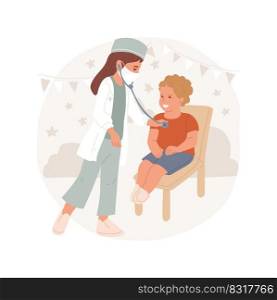 Kids playing doctor isolated cartoon vector illustration. Role-playing games for kids, child using stethoscope, dresses up in doctor uniform, listening chest of a brother vector cartoon.. Kids playing doctor isolated cartoon vector illustration.