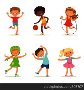 Kids playing in active games. Vector illustrations of funny children at playground. Happy child girl and boy, childhood and youthful. Kids playing in active games. Vector illustrations of funny children at playground