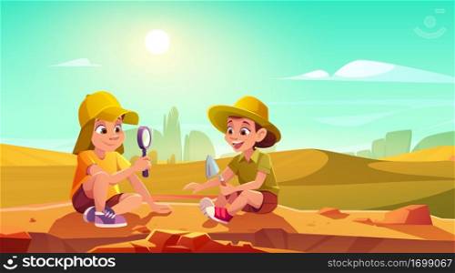 Kids playing in archaeologists in sandbox. Vector cartoon illustration with boy and girl in hats with shovel and magnifying glass digging sand in rural field. Children play in paleontologists in savannah. Kids playing in archaeologists in sandbox