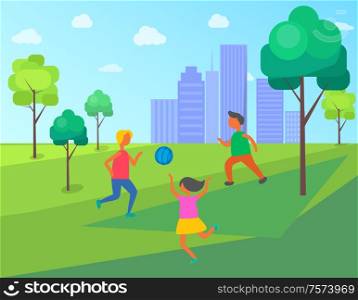 Kids playing in city park vector, children with inflatable ball. Jumping and running child, buildings skyscrapers of big town, park with trees and grass. Kids Playing in City Park, Children with Ball