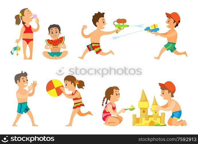 Kids playing in summer vacations vector, girl eating ice cream dessert, children playing volleyball and building castle from sand. Water battle guns. Summer Vacation Kids Playing Together, Kids Set