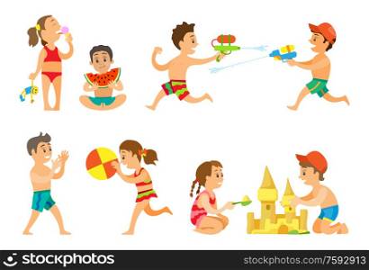 Kids playing in summer vacations vector, girl eating ice cream dessert, children playing volleyball and building castle from sand. Water battle guns. Summer Vacation Kids Playing Together, Kids Set