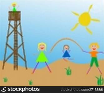 kids playing in the sun, abstract vector art illustration