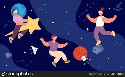 Kids playing in VR glasses, computer game or astrology lesson in artificial reality. Vector children flying in space, in Universe stars and planets. Illustration of headset for game and entertainment. Kids playing in VR glasses, computer game or astrology lesson in artificial reality. Vector cartoon children flying in space, in Universe between stars and planets