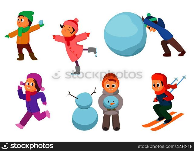 Kids playing in winter games. Different childrens in action poses. Boy and girl play with snow ball. Vector illustration. Kids playing in winter games. Different childrens in action poses