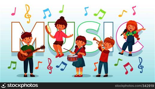 Kids playing music. Children musical instruments, baby band musicians and dancing kid singing or playing guitar. Young character play jazz music and sing cartoon vector illustration. Kids playing music. Children musical instruments, baby band musicians and dancing kid singing or playing guitar vector illustration