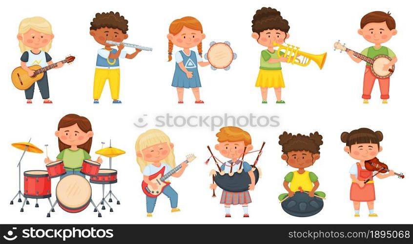 Kids playing musical instruments, children orchestra music hobby. Cute boys and girls musicians playing on guitar, drums, violin vector set. Cheerful diverse characters having entertainment. Kids playing musical instruments, children orchestra music hobby. Cute boys and girls musicians playing on guitar, drums, violin vector set