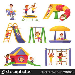 Kids playing on playground at park, outdoor kindergarten equipment. Cartoon happy children having fun on swing, slide or sandbox vector set. Boys and girls having entertainment on trampoline. Kids playing on playground at park, outdoor kindergarten equipment. Cartoon happy children having fun on swing, slide or sandbox vector set