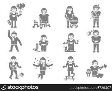 Kids playing on playground black avatar set isolated vector illustration