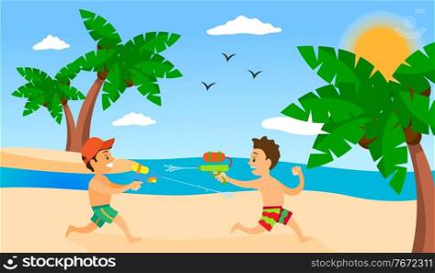 Kids playing on the beach. Summer holiday, cheerful cute children playing with water pistols under palm trees on happy vacation on a background of bright blue sky and beautiful ocean. Fun at the beach. Kids playing on the beach. Summer holiday, cheerful cute young children playing with water pistols