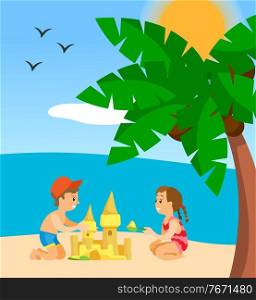 Kids playing on the beach. Summer holiday, cheerful cute young children building sandcastle under palm trees on happy vacation on a background of bright blue sky and beautiful ocean. Fun at the beach. Kids playing on the beach. Summer holiday, cheerful cute young children building sandcastle