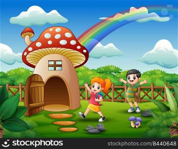 Kids playing on the fantasy house of mushroom 
