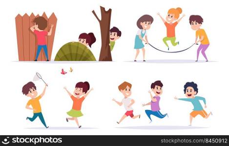 Kids playing. Outdoor active games for children kids running jumping playing football boys and girls force pulling rope exact vector cartoon colored templates. Illustration of childhood game outside. Kids playing. Outdoor active games for children kids running jumping playing football boys and girls force pulling rope exact vector cartoon colored templates