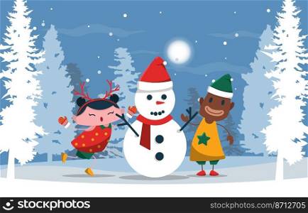 Kids Playing Snowman Pine Tree Winter Christmas Illustration