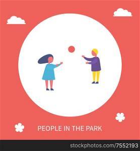 Kids playing volleyball in park cartoon banner isolated vector poster. Girl and boy having fun together play game with ball, active outdoor leisure. Kids Playing Volleyball in Park Cartoon Banner