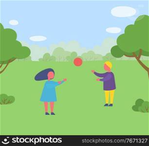 Kids playing volleyball in park, girl and boy throwing ball, green nature. Element of harvest festival, holiday in forest, children in countryside vector. Children with Ball near Trees, Countryside Vector