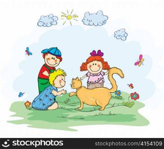 kids playing with a cat vector illustration