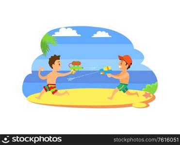 Kids playing with guns loaded with water vector, children on summer vacations. Fighting by aqua boys at coastline, vector happy kids at seaside having fun. Kids Playing with Guns with Water Vector, Children