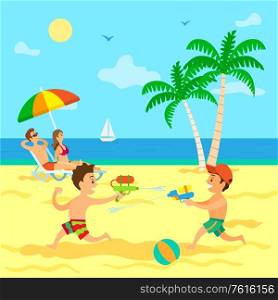 Kids playing with guns loaded with water vector, children on summer vacations with parents. Couple laying on chaise longue relaxing on sun, sunbathing on beach, summertime relax with childrens. Children Playing with Water Guns, Summer Vacation